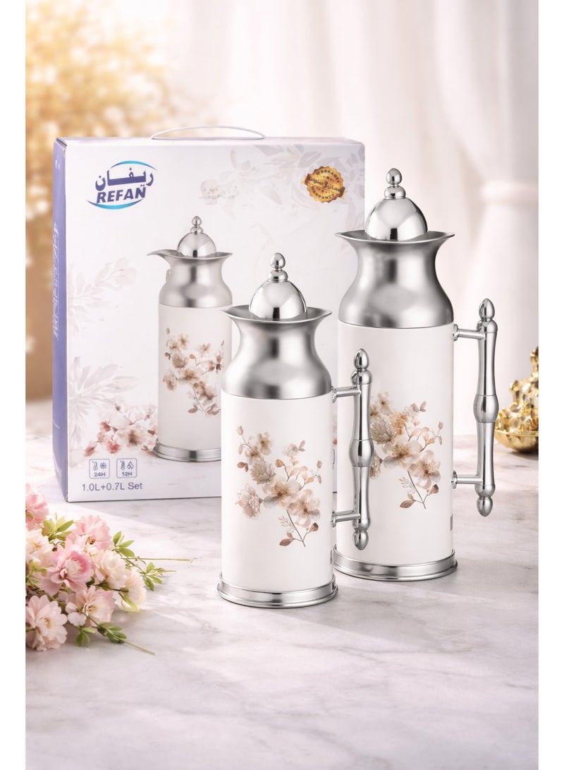 ريفان طقم ترامس ريفان الأبيض 🤍 بنقشة زهور 🌸 – قطعتان بسعات مختلفة بتصميم أنيق - Image 1